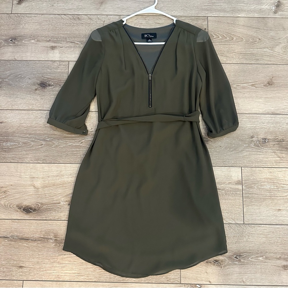 Green Long Sleeve Belted Mini Dress Thanksgiving Holiday Christmas Dress XS
